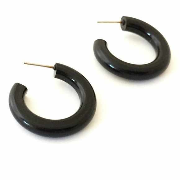 Black Shiny Vintage Lucite Tube Hoop Earrings - Picture 1 of 6